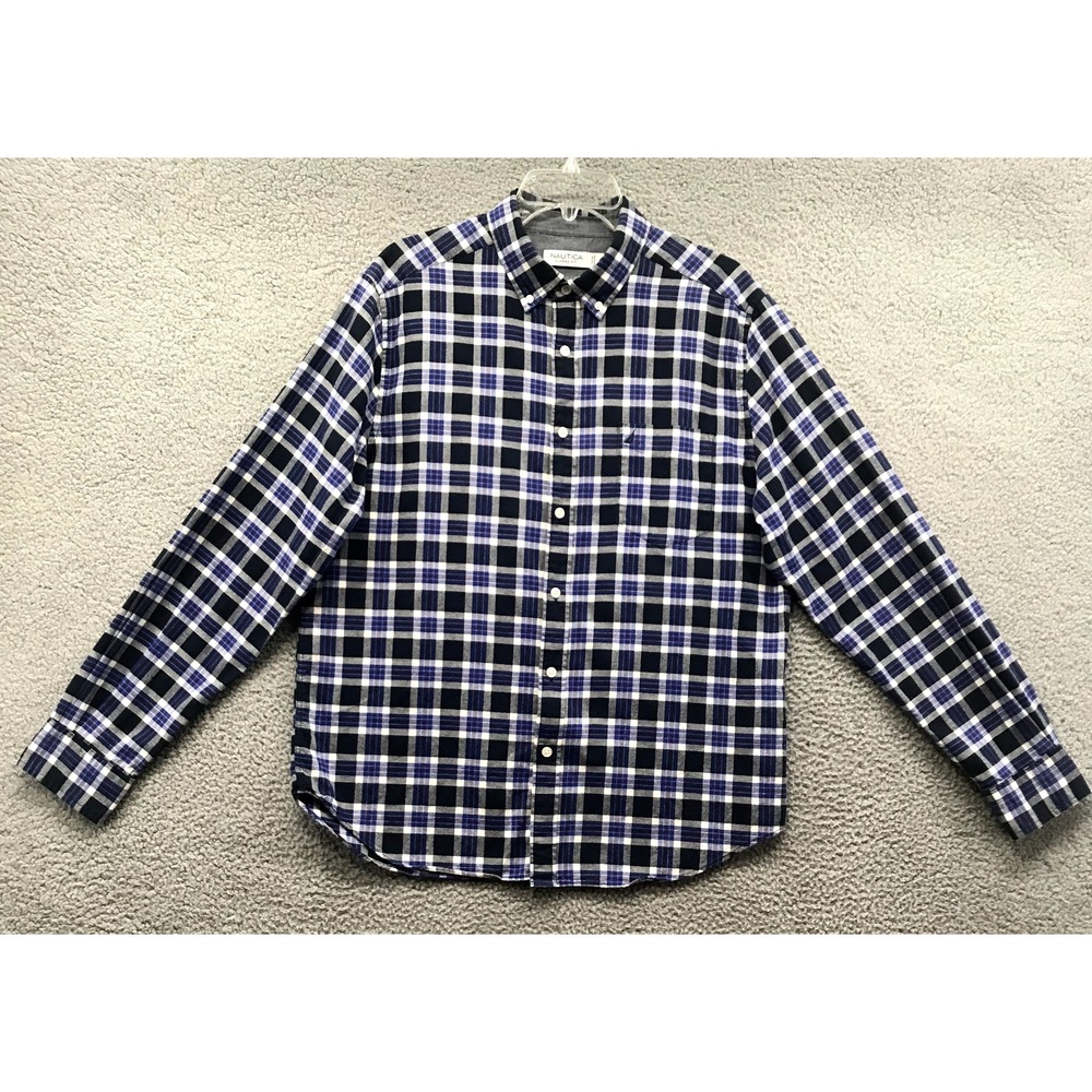 Nautica Classic Fit Men's Long Sleeve Flannel Button Up Shirt Blue Plaid Size L